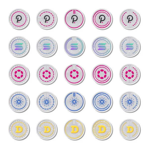 Kripto para birimleri, izole madeni para simgeleri. Vektör illüstrasyonu