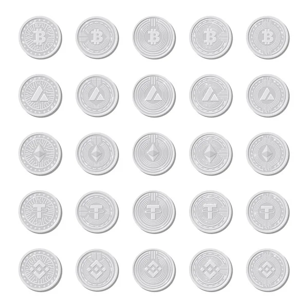 Gümüş kripto paralar, izole madeni para simgeleri. Vektör illüstrasyonu