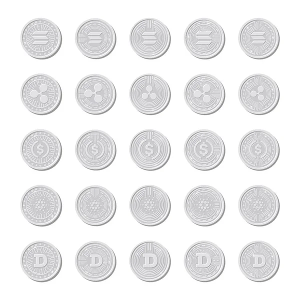 Gümüş kripto paralar, izole madeni para simgeleri. Vektör illüstrasyonu