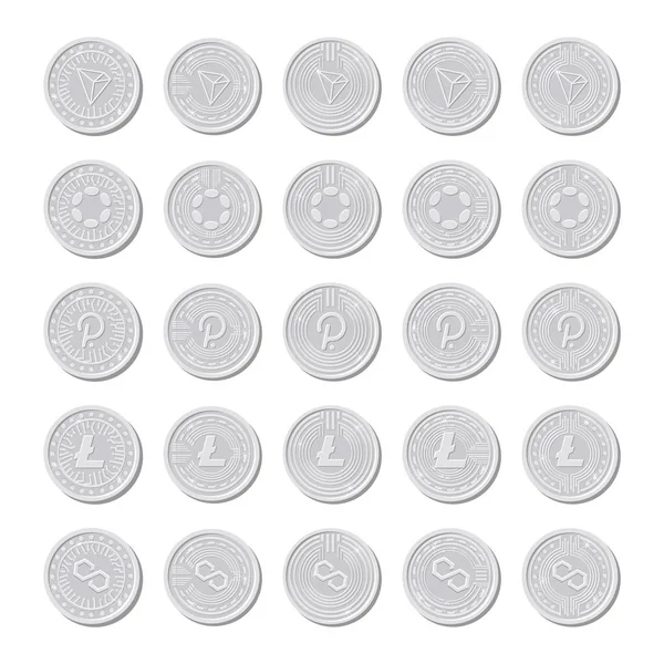 Gümüş kripto paralar, izole madeni para simgeleri. Vektör illüstrasyonu
