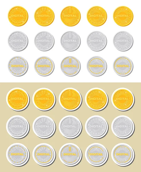 Şifreli paralar, izole edilmiş madeni para simgeleri, bozuk para etiketleri. Vektör illüstrasyonu