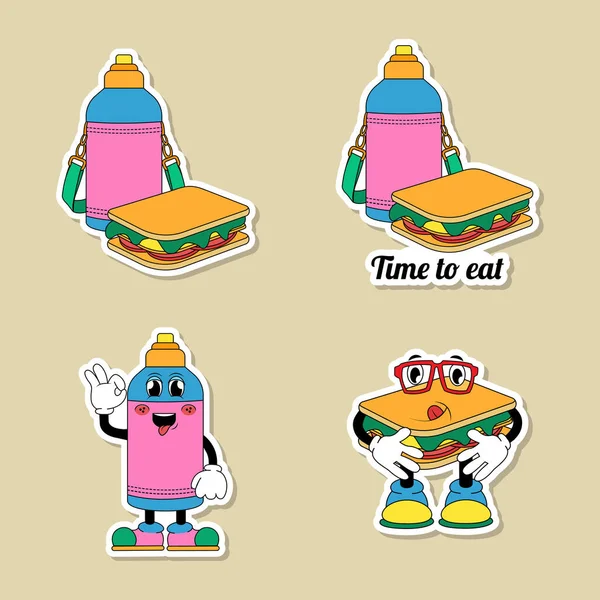 Çizgi film tarzında seyahat etiketlerinin vektör çizimleri. Çocuk yemek etiketi.