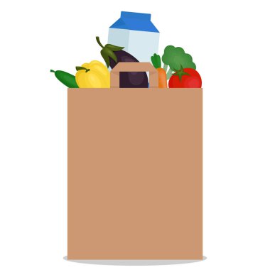 Beyaz arka planda içi yiyecek dolu bir kese kağıdı. Doğal yiyecekler, organik sebzeler. Vektör illüstrasyonu.
