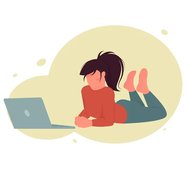 Young Girl Lying Front Laptop Vector Concept Freelancer Training — Stock Vector