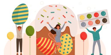 Mutlu Paskalyalar konsepti. Bir grup mutlu insan Paskalya objelerini ellerinde tutuyor. Paskalya tebrik kartı. Vektör çizimi. EPS 10