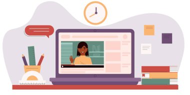 E-öğrenme, video dersleri, online eğitim konsepti. Laptop ekranında bayan öğretmen. Bilgisayarlı çalışma alanı, ders kitapları, kalemler ve cetveller. Vektör illüstrasyonu