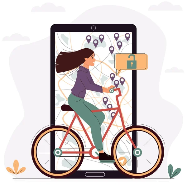 Молода Жінка Їде Орендованому Велосипеді Навколо Міста Векторна Ілюстрація Мобільного — стоковий вектор