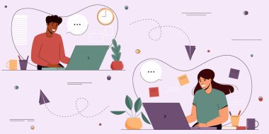 Kadın ve erkek bir video konferansına katılıyor. Çevrimiçi buluşma, uzaktan öğrenme, uzaktan çalışma. Düz biçimli modern vektör illüstrasyonu