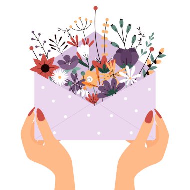 Elleri çiçekli kağıt bir zarf tutuyor. Yaz kompozisyonu. Beyaz arkaplanda vektör tebrik kartı