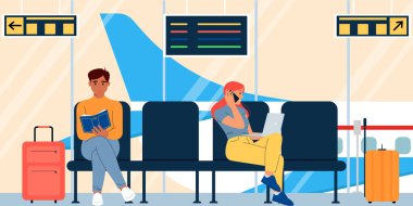 Uçağa binmek için bekleyen bavullu insanlar havaalanı terminalinde oturuyorlar. Uluslararası havaalanı terminali, bekleme salonu. Terminalde insanlar, büyük pencereler ve bilgi panelleri var. Düz biçimli renkli vektör illüstrasyonu