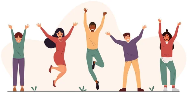 Группа Молодых Счастливых Людей Поднятыми Руками Цветная Плоская Векторная Иллюстрация — стоковый вектор