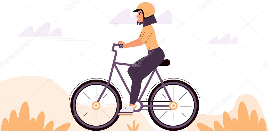 Young woman wearing a protective helmet rides a bicycle. The concept of a healthy lifestyle. Colorful vector illustration in flat style