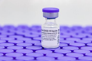 Pfizer BiNTech Covid-19 aşısı şişesi. Mor kapağıyla vurgulanan diğer aşılar..