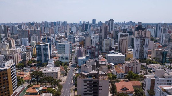 Panoramic view of a drone with several buildings in the central region of Curitiba, capital of the state of Paran, located in southern Brazil
