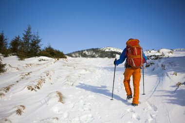 Dağcı kar yamaçta gider.