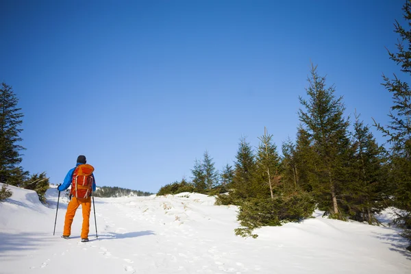 De klimmer gaat op de helling van de sneeuw. — Stockfoto