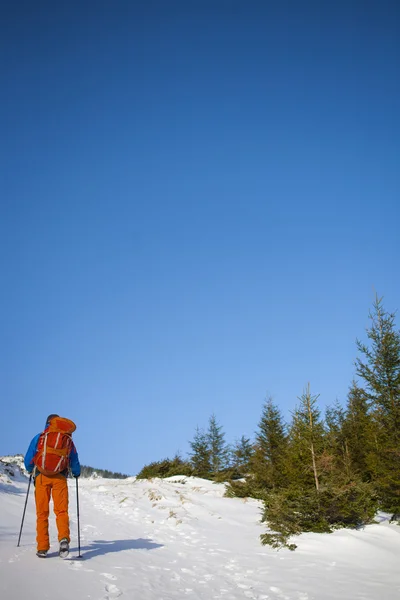 Ο ορειβάτης πηγαίνει στην πλαγιά χιόνι. — Φωτογραφία Αρχείου