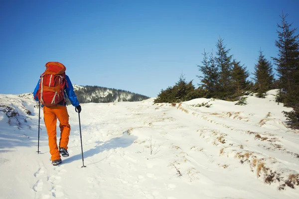 Der Bergsteiger geht auf den Schneehang. — Stockfoto