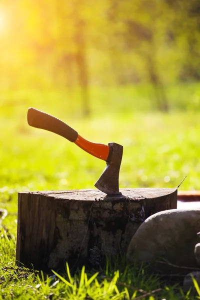 El hacha es para cortar madera en el camping . — Foto de Stock