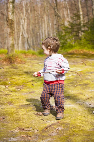Mały chłopiec gra w lesie. — Zdjęcie stockowe