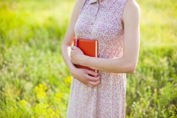 Chica en vestido de verano sosteniendo un libro . —  Fotos de Stock