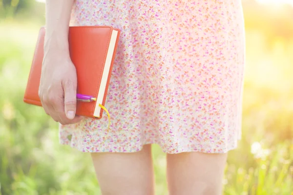 Menina no vestido de verão segurando um livro . — Fotografia de Stock