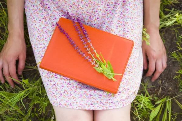 Chica en vestido de verano sosteniendo un libro . —  Fotos de Stock