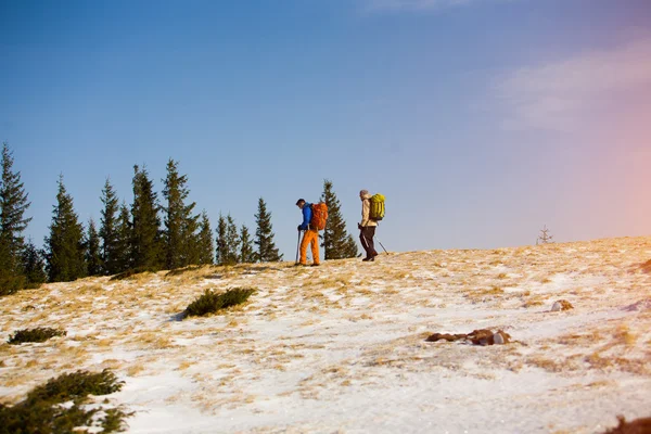 Turistas haciendo senderismo en las montañas. — Foto de Stock