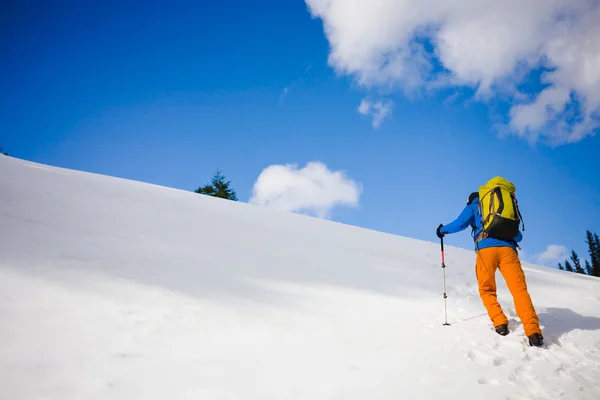 Alpinista de montanha caminha em uma encosta nevada . — Fotografia de Stock