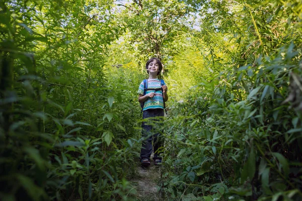 Niño Con Una Mochila Camina Por Bosque Niño Explora Vida — Foto de Stock