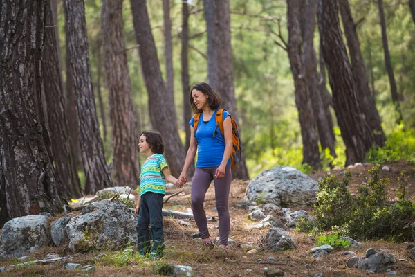 Kobieta Spaceruje Synem Przez Las Chłopiec Matką Wędruje Dziecko Plecakiem — Zdjęcie stockowe
