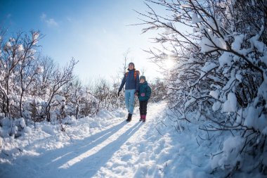 Çocuklu bir kadın dağlarda kış yürüyüşüne çıkıyor, çocuk soğuk mevsimde annesiyle seyahat ediyor, sırt çantalı bir çocuk annesiyle karlı bir parkta yürüyor, çocuklarla seyahat ediyor, kış gezisine çıkıyor..