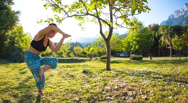 Ragazza Pratica Yoga Sull Erba Verde Uno Sfondo Alberi Verdi — Foto Stock