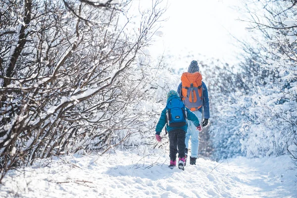 Mujer Con Niño Una Caminata Invierno Las Montañas Niño Viaja — Foto de Stock