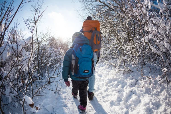 Mulher Com Uma Criança Uma Caminhada Inverno Nas Montanhas Menino — Fotografia de Stock