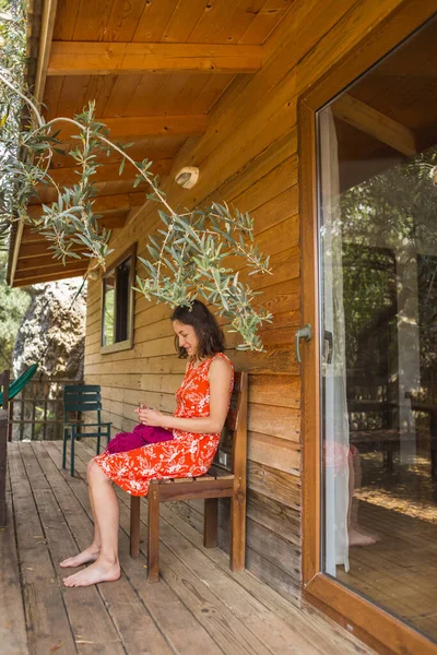 Woman Knits Veranda House Girl Knits Hat Doing Needlework Home — Stock Photo, Image