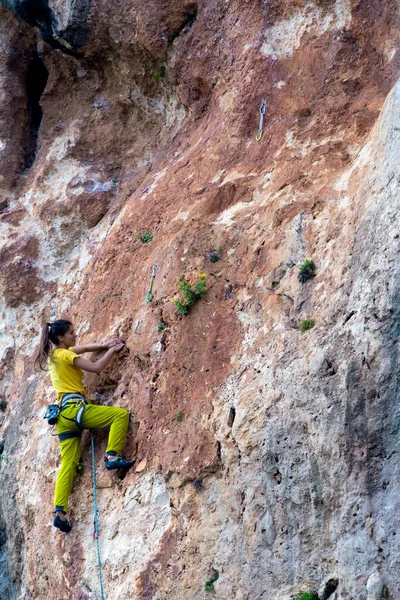 女の子は森の背景に岩を登る 選手は自然の中で訓練 女性は困難な登山ルートを克服 強い登山 極端な趣味 トルコのロッククライミング — ストック写真