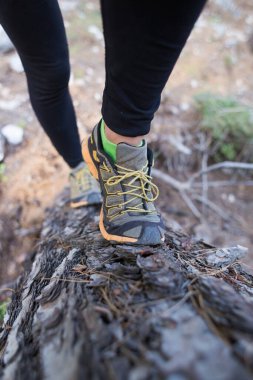 Kız engelli bir yarışa katılıyor, ormanda engelli bir yarışa katılıyor, kadın bacakları yakın planda, kadın bacakları bir kütükte koşuyor, engellerle koşuyor.