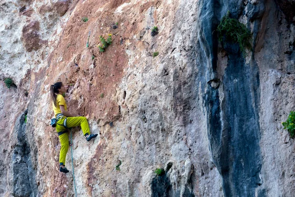 女の子は森の背景に岩を登る 選手は自然の中で訓練 女性は困難な登山ルートを克服 強い登山 極端な趣味 トルコのロッククライミング — ストック写真