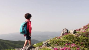 Bir çocukla dağlarda yürüyüş yapmak. Sırt çantalı çocuk dağ yolunda yürüyor. Çocuklar için açık hava eğlencesi.