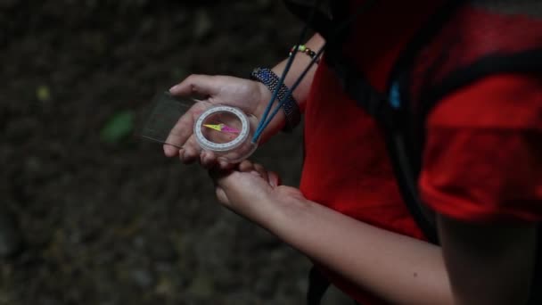 소년은 속에서 나침반을 여행중에 모험을 어린이들 숲에서 야영하고 — 비디오