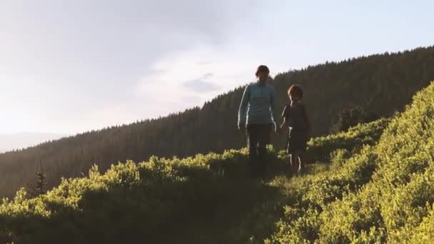 Ein Junge Läuft Mit Seiner Mutter Auf Einem Bergweg Eine — Stockvideo