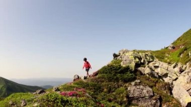 Sırt çantalı çocuk dağ yolunda yürüyor. Doğada dinlenmek. Çocuk kampı.
