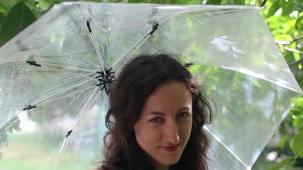 Smiling Girl Umbrella Slow Motion Video Woman Makeup Transparent Umbrella — Stock Video