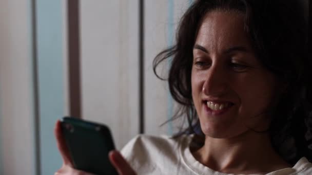 Usmívající Dívka Leží Gauči Píše Zprávu Smartphone Žena Odpočívá Bruneta — Stock video