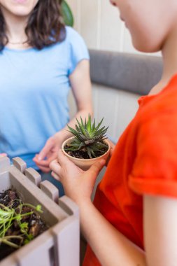 Annesiyle birlikte bir çocuk dükkandaki ev bitkilerini seçiyor, bir çocuk elinde sulu bir tencere tutuyor, bir kadın oğluna çiçeklerle ilgilenmeyi öğretiyor.