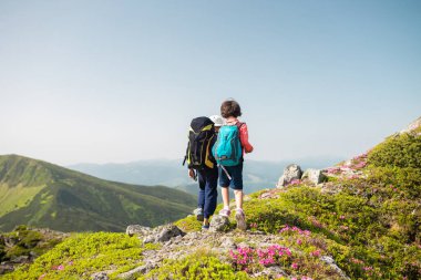 Dağlarda yürüyüş yapan iki kardeş, sırt çantalı çocuklar dağ yolunda yürüyorlar, çocuklarla açık hava aktiviteleri, kardeşiyle bir çocuk, kardeşiyle birlikte seyahat ediyorlar.