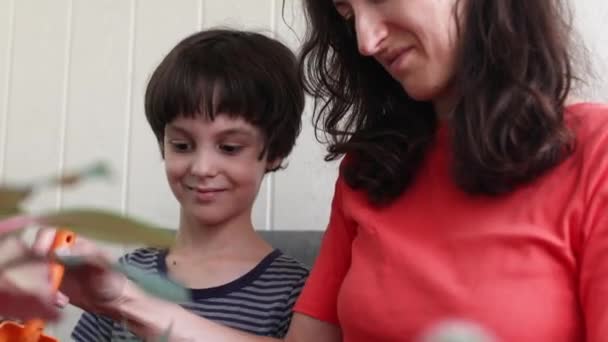 Pojke Hjälper Mamma Att Hand Krukväxter Barn Transplantationer Blommor Kvinna — Stockvideo