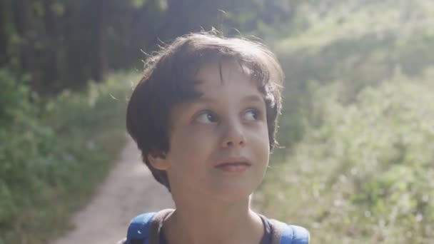 Een Jongen Met Een Rugzak Wandelt Door Het Bos Een — Stockvideo