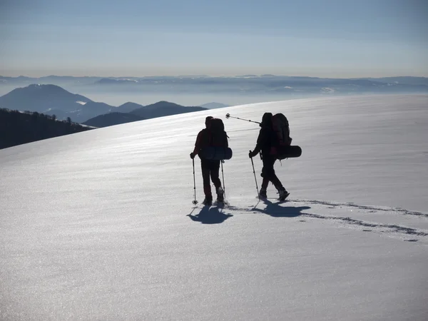 Los hombres van en raquetas de nieve en las montañas . — Foto de Stock